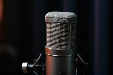 Close up of a high-quality recording microphone with pop filter