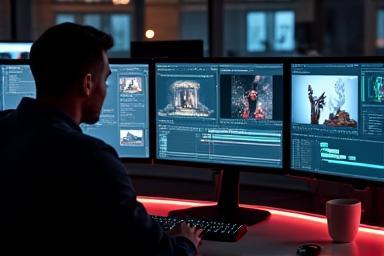 Person editing video on a computer with multiple screens