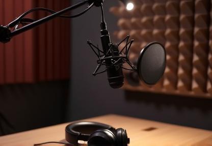 Podcast recording setup with high-quality microphones and sound panels