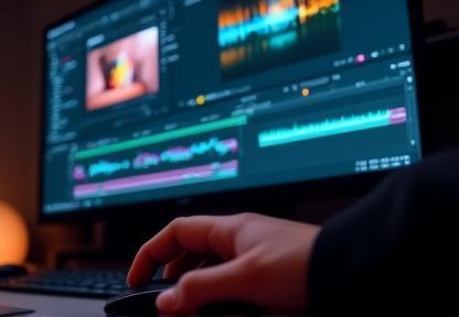 Video editing software screen showing audio waveforms and video timeline